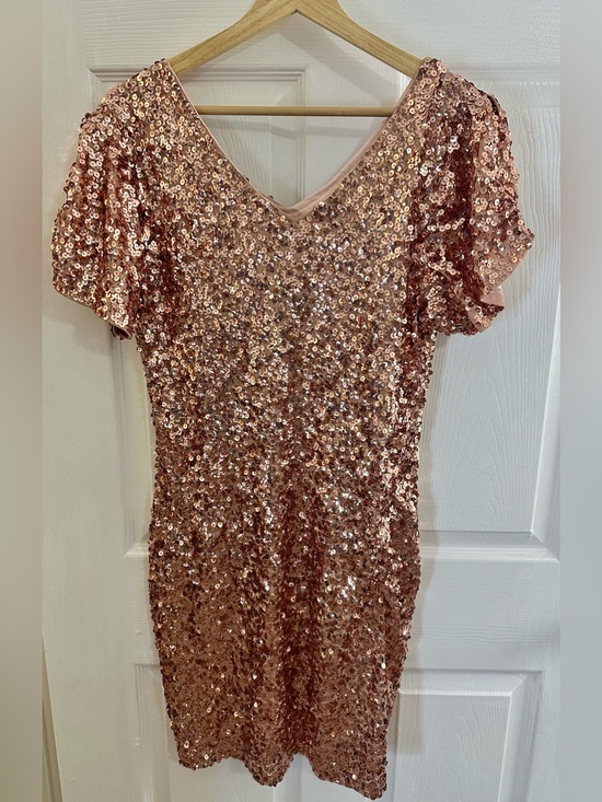 Anna-Kaci Dresses & Skirts - Cocktail Party Sequin V-Neck Short Sleeve Rose Gold Dress Anna-Kaci